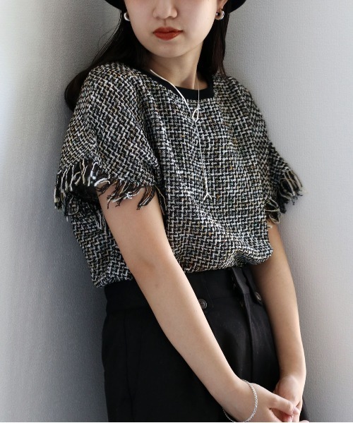 cepo（セポ）の「サマーツイードフリンジトップス（Tシャツ/カットソー・レディース・ブラック/オフホワイト・M）」の2枚目の写真