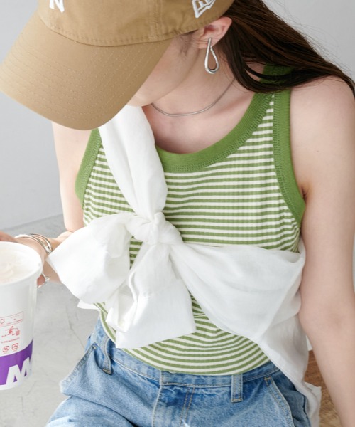 DISCOAT（ディスコート）の「カップ付リブボーダーアメスリタンクトップ（タンクトップ・レディース・ブラック/ブラウン/グリーン/ネイビー・FREE）」の3枚目の写真
