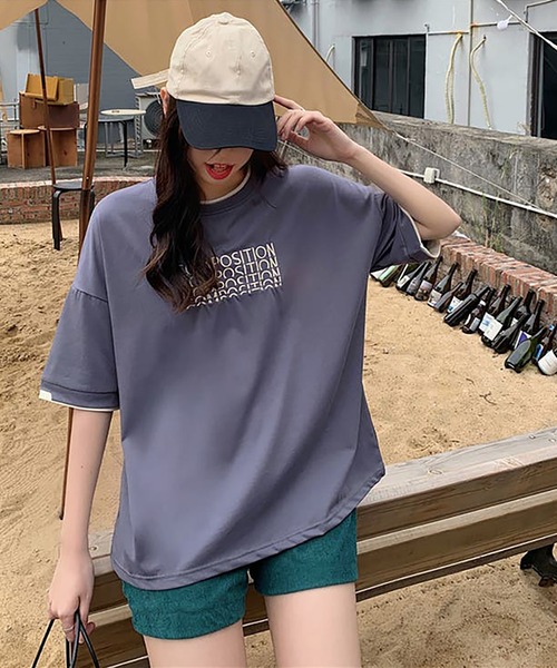 Girly Doll（ガーリードール）の「ロゴ刺繍レイヤードTシャツ（Tシャツ/カットソー・レディース・ブルー/ダークグレー/ベージュ・XL/L）」の9枚目の写真