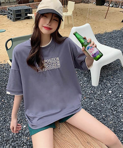 Girly Doll（ガーリードール）の「ロゴ刺繍レイヤードTシャツ（Tシャツ/カットソー・レディース・ブルー/ダークグレー/ベージュ・XL/L）」の12枚目の写真