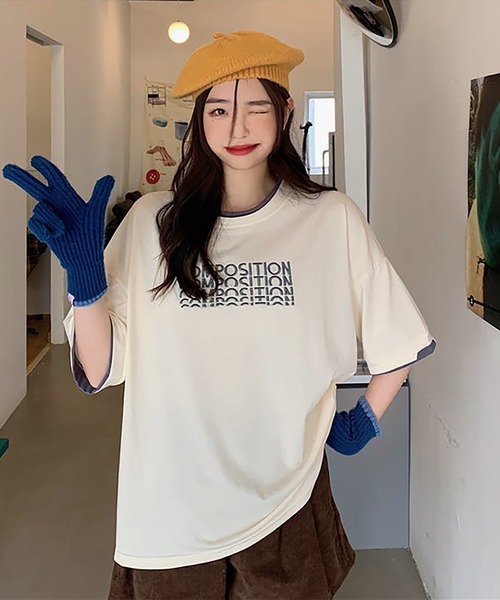 Girly Doll（ガーリードール）の「ロゴ刺繍レイヤードTシャツ（Tシャツ/カットソー・レディース・ブルー/ダークグレー/ベージュ・XL/L）」の11枚目の写真