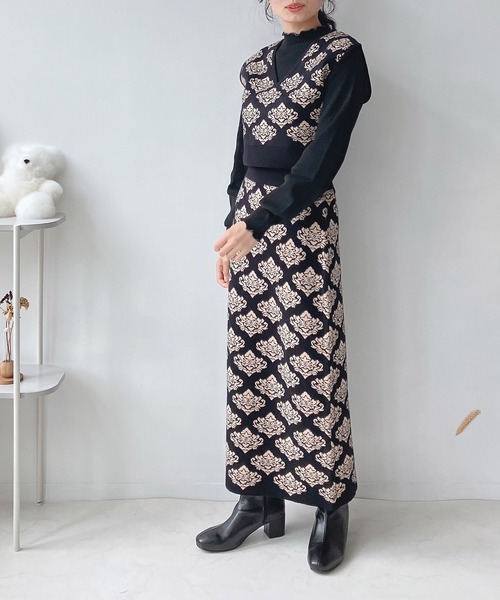 AS KNOW AS plus（アズノゥアズプラス）の「♪ダマスク柄ニットスカート（スカート・レディース・ブラック/チャコールグレー/イエロー・FREE）」の14枚目の写真