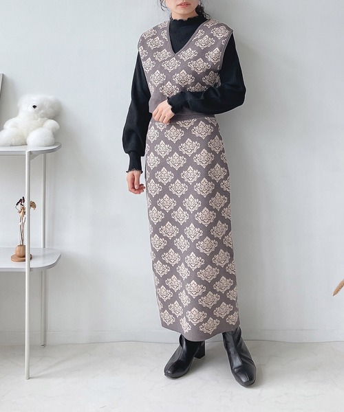 AS KNOW AS plus（アズノゥアズプラス）の「♪ダマスク柄ニットスカート（スカート・レディース・ブラック/チャコールグレー/イエロー・FREE）」の9枚目の写真