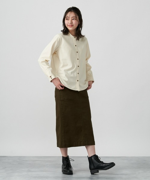 Pitta Re:)（ピッタリ）の「ショートラウンドテール スタンドカラー 長袖コーデュロイシャツ（シャツ/ブラウス・レディース・アイボリー/カーキオリーブ/ダークオレンジ・M/L/LL）」の3枚目の写真