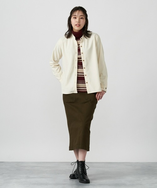 Pitta Re:)（ピッタリ）の「ショートラウンドテール スタンドカラー 長袖コーデュロイシャツ（シャツ/ブラウス・レディース・アイボリー/カーキオリーブ/ダークオレンジ・M/L/LL）」の4枚目の写真