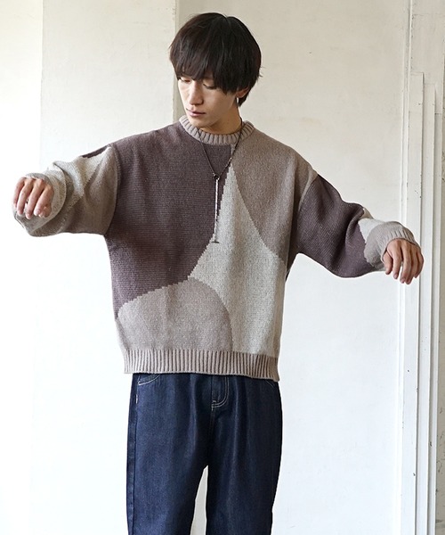 MinoriTY（マイノリティ）の「【MinoriTY】ふんわりサークル柄クルーネックニット セーター メンズ オーバーサイズ ビッグシルエット ルーズフィット 春服 冬服（ニット/セーター・メンズ・ブルー/グレイッシュベージュ/ブラック・M/L）」の8枚目の写真