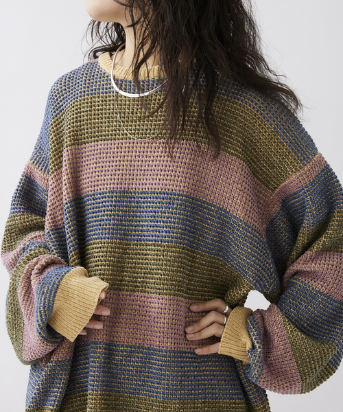 JOURNAL STANDARD relume（ジャーナルスタンダード　レリューム）の「モールワッフルボーダー クルーネックニット（ニット/セーター・メンズ・ベージュ/ネイビー/アイボリー・MEDIUM/LARGE）」の3枚目の写真