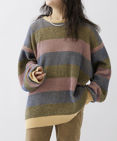 JOURNAL STANDARD relume（ジャーナルスタンダード　レリューム）の「モールワッフルボーダー クルーネックニット（ニット/セーター・メンズ・ベージュ/ネイビー/アイボリー・MEDIUM/LARGE）」の11枚目の写真