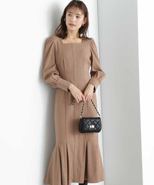 ナチュラルビューティーベーシック ブラウン ワンピース 首元レース 茶色 冬 ナチュラルビューティーベーシック ブラウン ワンピース 首元レース