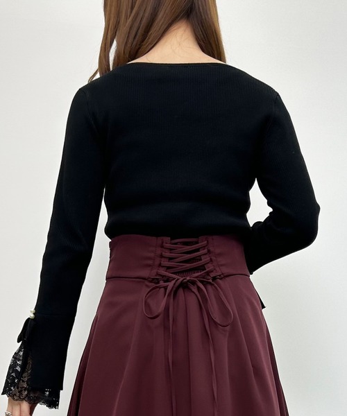 INGNI（イング）の「フレアスリーブレースニット（Tシャツ/カットソー・レディース・ブラック/オフホワイト/ピンク・M）」の9枚目の写真