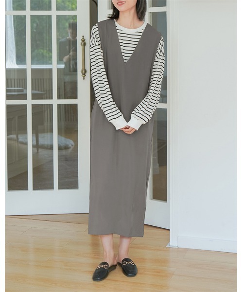 おしゃれスタ（オシャレスタ）の「大人シンプルノースリーブⅤネックロングワンピース（ワンピース・レディース・ベージュ/グレー/ブラック・M/L）」の14枚目の写真
