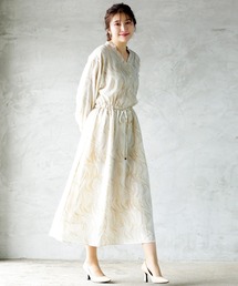 【手洗いできる♪】ウエストシャーリングリボン・マーブルプリントワンピース