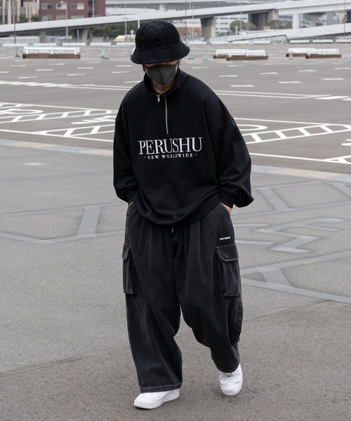 Perushu(ペルーシュ)の「PERUSHU刺繍ロゴルーズハーフジップ(スウェット・メンズ・ネイビー/杢グレー/ブラック・LARGE/MEDIUM)」の7枚目の写真