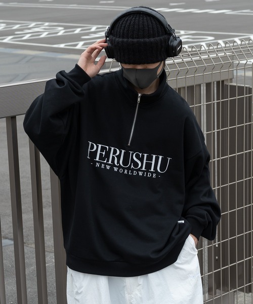 Perushu(ペルーシュ)の「PERUSHU刺繍ロゴルーズハーフジップ(スウェット・メンズ・ネイビー/杢グレー/ブラック・LARGE/MEDIUM)」の12枚目の写真