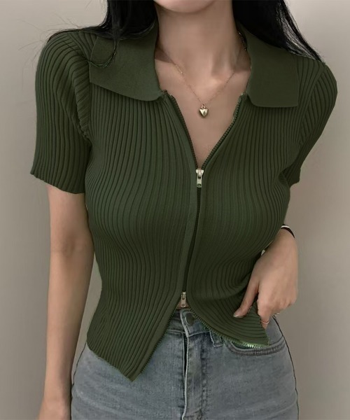 PRIVATE BEACH(プライベートビーチ)の「ダブルファスナークロップド丈半袖トップス(Tシャツ/カットソー・レディース・ブラック/ブルー/ホワイト/グリーン/ピンク/オレンジ/ラベンダー/カーキ/ダークグレー/ブラウン・FREE)」の5枚目の写真