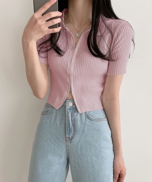 セール】ダブルファスナークロップド丈半袖トップス（Tシャツ