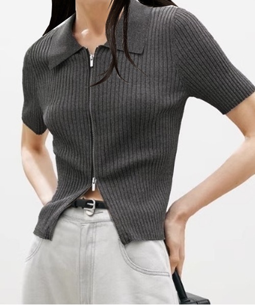 PRIVATE BEACH(プライベートビーチ)の「ダブルファスナークロップド丈半袖トップス(Tシャツ/カットソー・レディース・ブラック/ブルー/ホワイト/グリーン/ピンク/オレンジ/ラベンダー/カーキ/ダークグレー/ブラウン・FREE)」の11枚目の写真