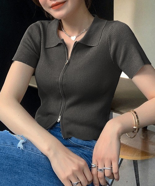 PRIVATE BEACH(プライベートビーチ)の「ダブルファスナークロップド丈半袖トップス(Tシャツ/カットソー・レディース・ブラック/ブルー/ホワイト/グリーン/ピンク/オレンジ/ラベンダー/カーキ/ダークグレー/ブラウン・FREE)」の12枚目の写真