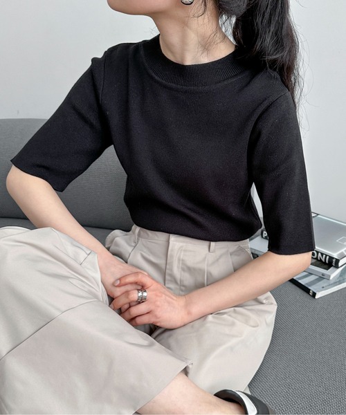 feepur（フェピュール）の「【ハンドウォッシャブル】モックネック5分袖カラーニット（ニット/セーター・レディース・ブルー/グリーン系その他/グリーン/ピンク/オレンジ/ブラック/オフホワイト・MEDIUM）」の2枚目の写真