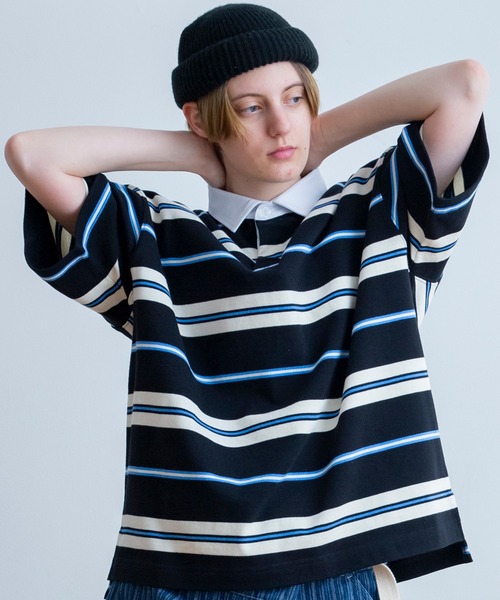 Universal Style Wear(ユニバーサルスタイルウェア)の「Universal Style Wear クラシック ボーダー ラガーシャツ(ポロシャツ・メンズ・ベージュ系/ネイビー系/ブラック系/グリーン系・LARGE/MEDIUM/X-LARGE)」の3枚目の写真