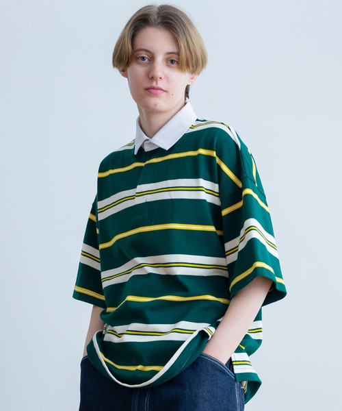 Universal Style Wear(ユニバーサルスタイルウェア)の「Universal Style Wear クラシック ボーダー ラガーシャツ(ポロシャツ・メンズ・ベージュ系/ネイビー系/ブラック系/グリーン系・LARGE/MEDIUM/X-LARGE)」の2枚目の写真