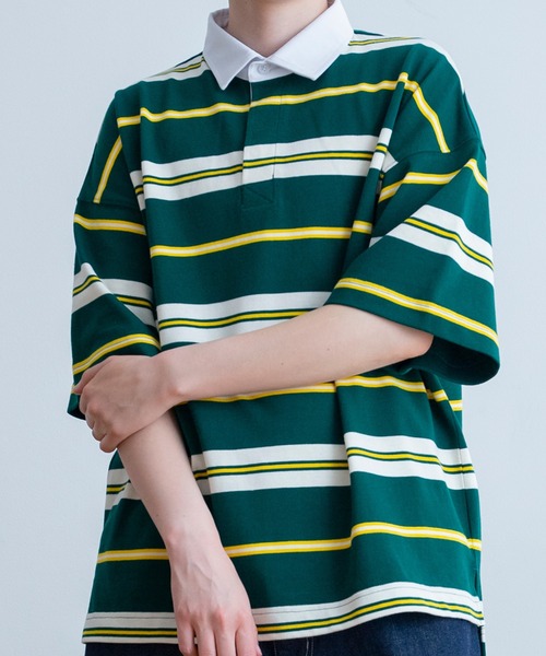 Universal Style Wear(ユニバーサルスタイルウェア)の「Universal Style Wear クラシック ボーダー ラガーシャツ(ポロシャツ・メンズ・ベージュ系/ネイビー系/ブラック系/グリーン系・LARGE/MEDIUM/X-LARGE)」の12枚目の写真