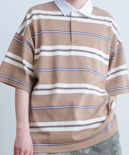 Universal Style Wear(ユニバーサルスタイルウェア)の「Universal Style Wear クラシック ボーダー ラガーシャツ(ポロシャツ・メンズ・ベージュ系/ネイビー系/ブラック系/グリーン系・LARGE/MEDIUM/X-LARGE)」の10枚目の写真