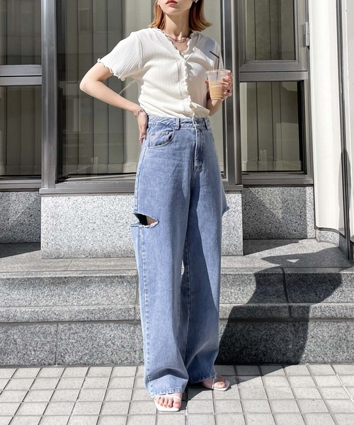 Chillfar（チルファー）の「ダメージワイドデニムパンツ（デニムパンツ・レディース・ライトブルー/ブラック/アイボリー/ブルー系/ブラック系/ホワイト系・MEDIUM/LARGE）」の12枚目の写真