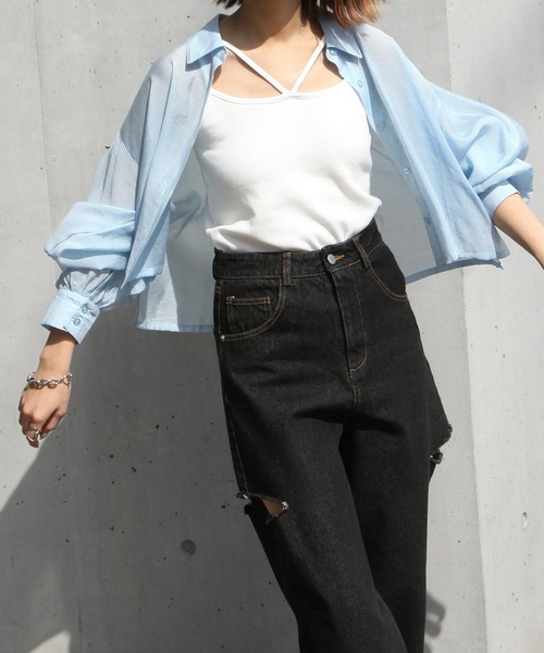 Chillfar（チルファー）の「ダメージワイドデニムパンツ（デニムパンツ・レディース・ライトブルー/ブラック/アイボリー/ブルー系/ブラック系/ホワイト系・MEDIUM/LARGE）」の9枚目の写真