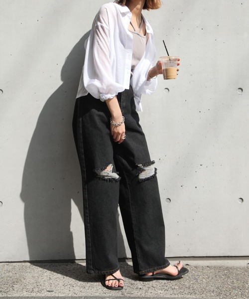 Chillfar（チルファー）の「ダメージワイドデニムパンツ（デニムパンツ・レディース・ライトブルー/ブラック/アイボリー/ブルー系/ブラック系/ホワイト系・MEDIUM/LARGE）」の21枚目の写真