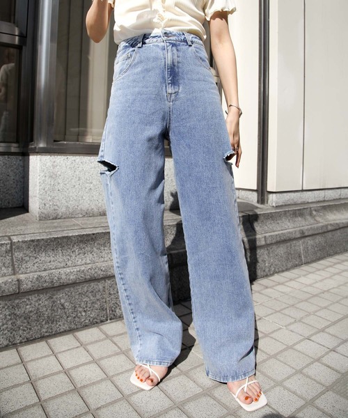 Chillfar（チルファー）の「ダメージワイドデニムパンツ（デニムパンツ・レディース・ライトブルー/ブラック/アイボリー/ブルー系/ブラック系/ホワイト系・MEDIUM/LARGE）」の22枚目の写真