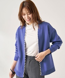 パール使いノーカラーカーディガン
