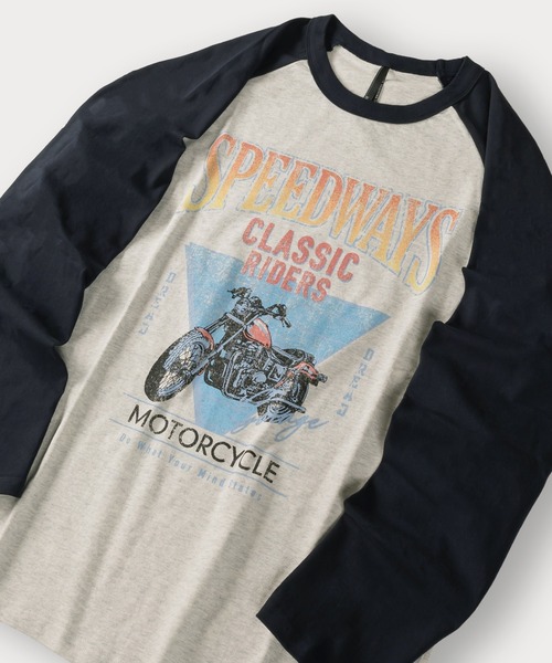 SlashDate（スラッシュデイト）の「ヴィンテージバイクラグランロンT/ビッグシルエット（Tシャツ/カットソー・メンズ・アッシュグレー/ホワイト/ベージュ・M/L/XL）」の3枚目の写真