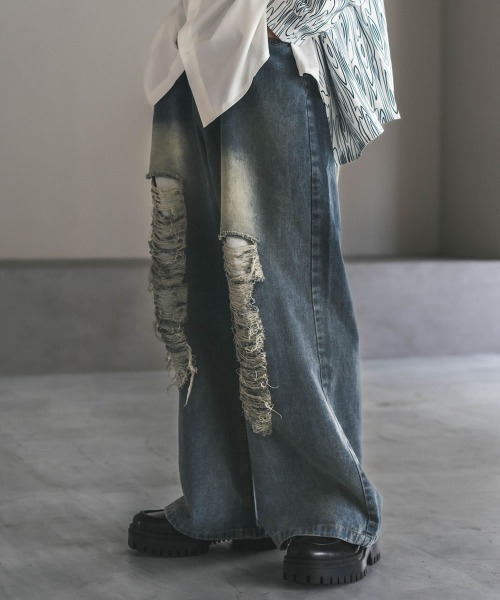 AutumnWind デニムパンツ ストリートウォッシュドルーズダメージ ワンフォークロージング 1111clothing デニム ワイドパンツ