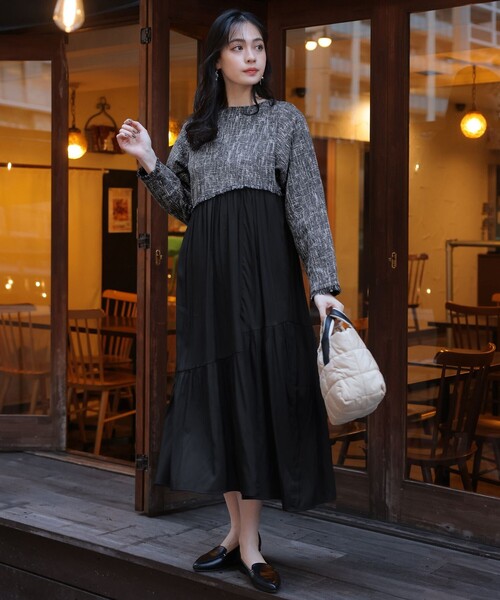 【セール】【洗える】ドッキングツイードワンピース（ワンピース）｜Tiaclasse（ティアクラッセ）