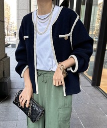 DouDou | パイピングニットジャケット(ノーカラージャケット)