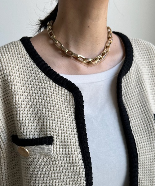 DouDou（ドゥドゥ）の「パイピングニットジャケット（ノーカラージャケット・レディース・ベージュ/ネイビー・FREE）」の13枚目の写真