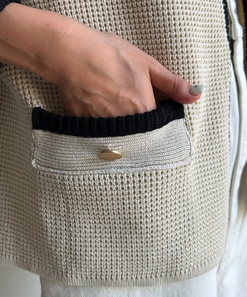 DouDou（ドゥドゥ）の「パイピングニットジャケット（ノーカラージャケット・レディース・ベージュ/ネイビー・FREE）」の17枚目の写真