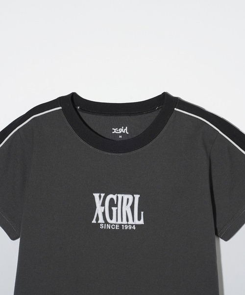 X-girl（エックスガール）の「CONTRAST STRIPE S/S BABY TEE（Tシャツ/カットソー・レディース・オリーブ/ホワイト/チャコール・S/M）」の6枚目の写真