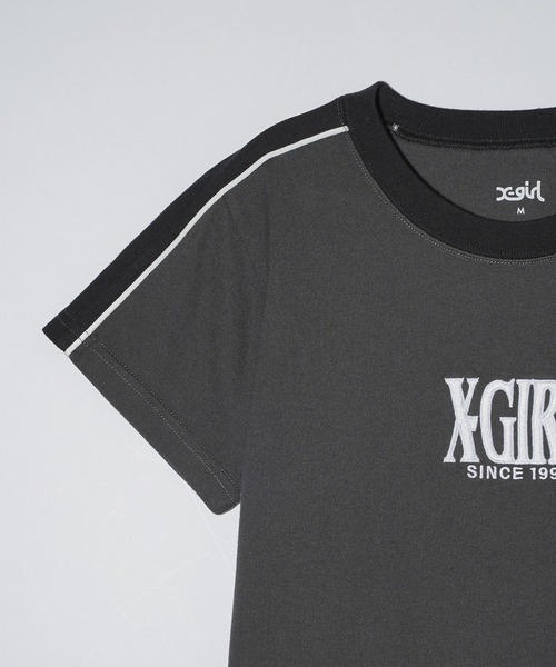 X-girl（エックスガール）の「CONTRAST STRIPE S/S BABY TEE（Tシャツ/カットソー・レディース・オリーブ/ホワイト/チャコール・S/M）」の8枚目の写真
