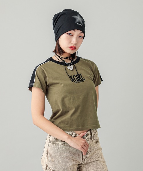 X-girl（エックスガール）の「CONTRAST STRIPE S/S BABY TEE（Tシャツ/カットソー・レディース・オリーブ/ホワイト/チャコール・S/M）」の19枚目の写真