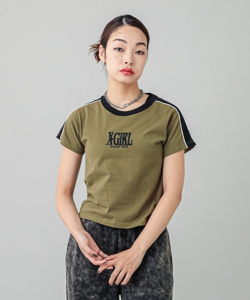 X-girl（エックスガール）の「CONTRAST STRIPE S/S BABY TEE（T