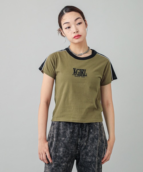 X-girl（エックスガール）の「CONTRAST STRIPE S/S BABY TEE（T