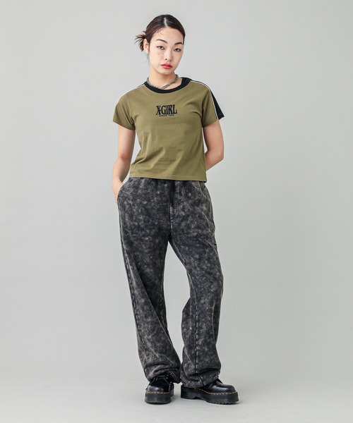 X-girl（エックスガール）の「CONTRAST STRIPE S/S BABY TEE（Tシャツ/カットソー・レディース・オリーブ/ホワイト/チャコール・S/M）」の22枚目の写真