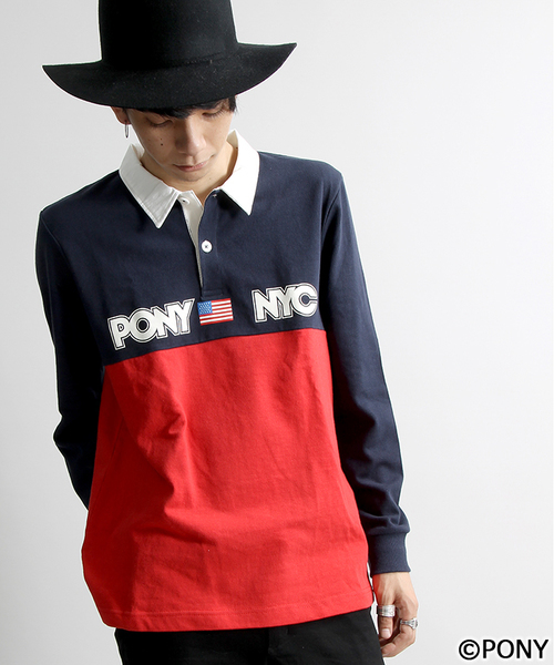 PONY(ポニー)の「∴WEGO/PONYラガーシャツ(ポロシャツ・メンズ・ネイビー/レッド・MEDIUM/LARGE)」の1枚目の写真