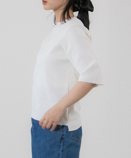 Sirin(シリン)の「Sirin定番 5分袖ニットトップス(ニット/セーター・レディース・ネイビー/グリーン/ブラック/オフホワイト・FREE)」の5枚目の写真