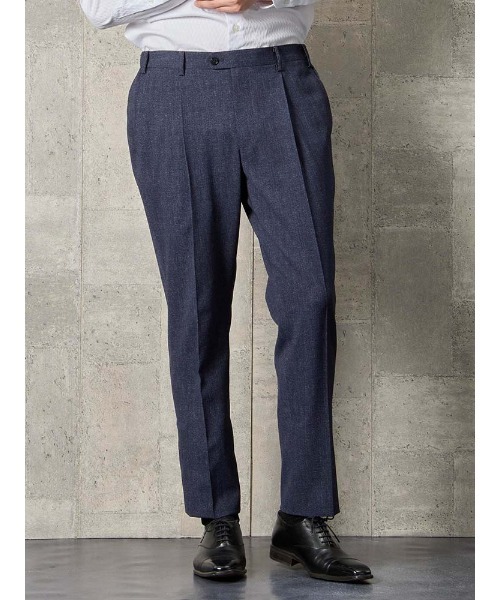 Perfect Suit FActory(パーフェクトスーツファクトリー)の「TRANS CONTINENTS AVANT AIR デニム調セットアップ パンツ ブラウン/ブルー(スラックス・メンズ・ダークブラウン/ブルー・M/SS/L/LL/3L/S)」の1枚目の写真