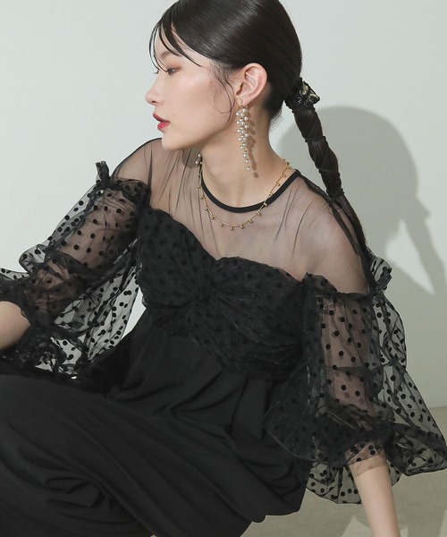 Kana(カナ)の「ドット チュール ボリュームスリーブ ワイドパンツドレス 結婚式 お呼ばれ オケージョン(パンツドレス・レディース・グレー/ブラック/ネイビー・M)」の7枚目の写真