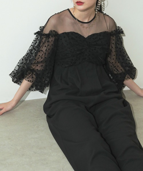 Kana(カナ)の「ドット チュール ボリュームスリーブ ワイドパンツドレス 結婚式 お呼ばれ オケージョン(パンツドレス・レディース・グレー/ブラック/ネイビー・M)」の8枚目の写真