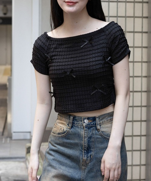 3.3 Field Trip （3.3フィールドトリップ）の「3.3 Field Trip／リボンオフショルT（Tシャツ/カットソー・レディース・ホワイト/ブルー/ブラック/ピンク・FREE）」の2枚目の写真